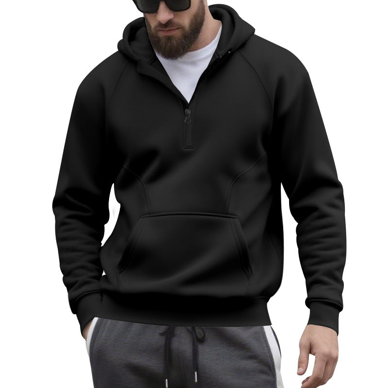 Herr Halv Dragkedja Luvtröja i Minimalistisk Softshell Look med Känguruficka och Raglanärmar