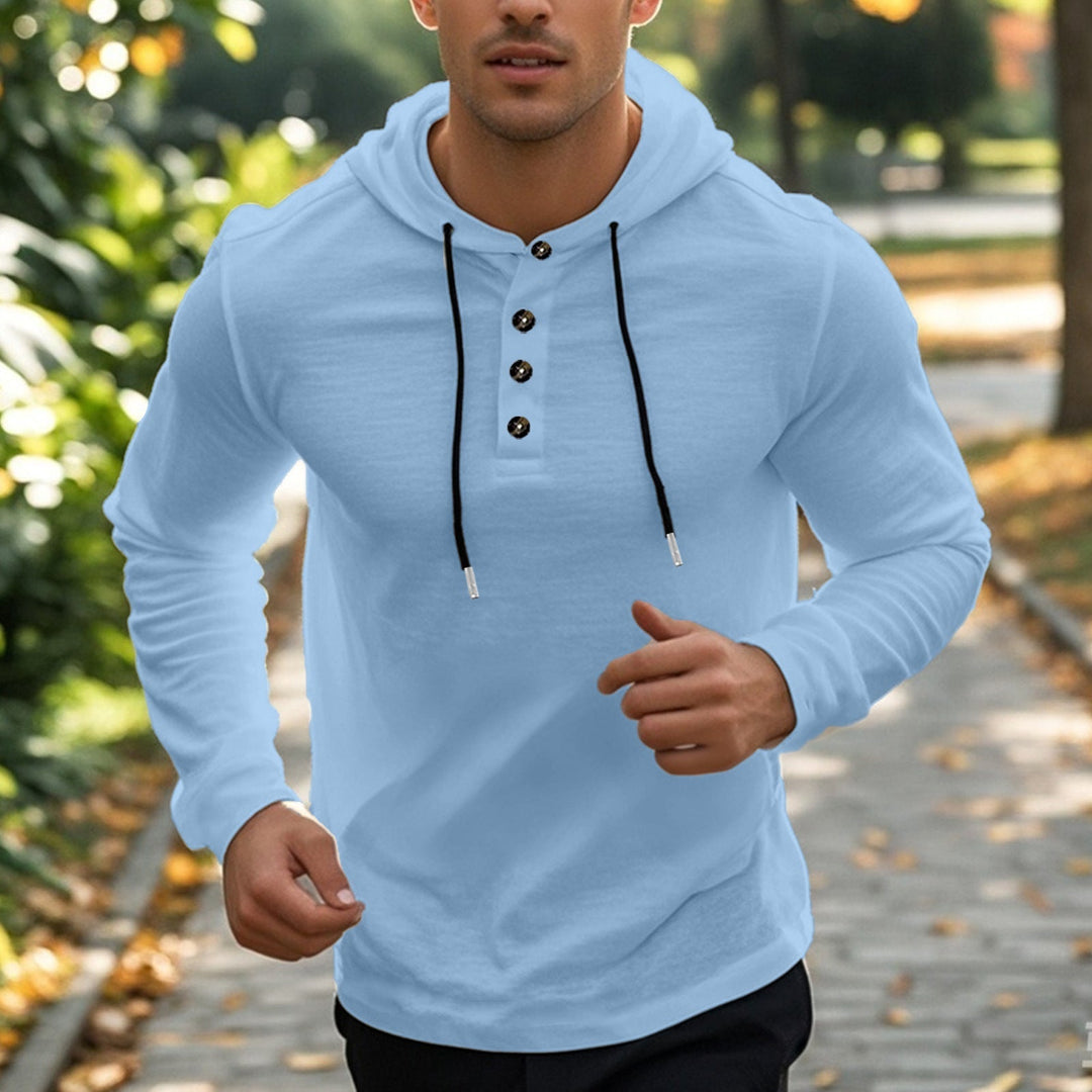 Herr Ledig Luvtröja i Henley Stil med Knapplist och Adjustable Dragsko