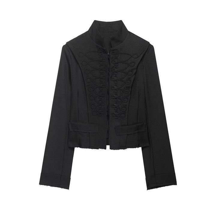 Dam Kort Military Blazer med Stå Krage, Dekorativ Loops och Fringed Nederkant