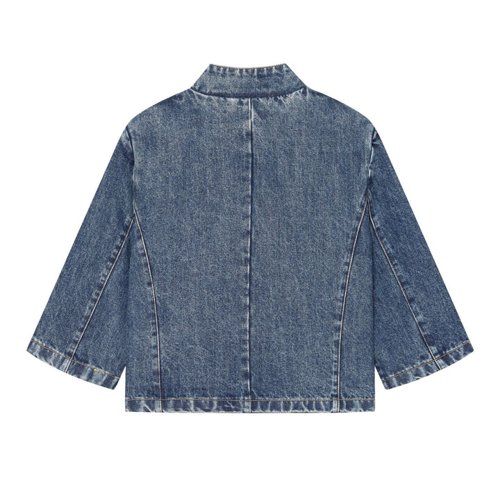 Dam Kort Boxig Denimjacka med Stå Krage, Asymmetrisk Knapp Knäppning och Patch Breast Ficka