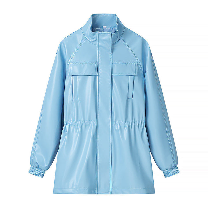 Dam konstläder parka med dragsko midja, ståkrage, och flap fickor