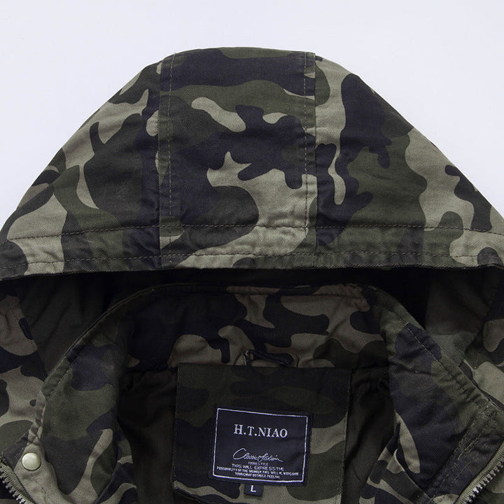 Herr Kamouflage Fältjacka med Huva, Multifunctional Exterior Fickor och Dragsko Midja