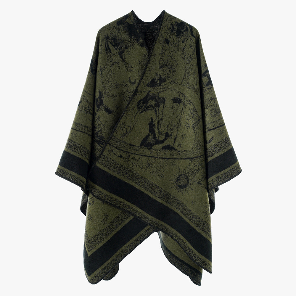 Dam Jacquard capeponcho med double-sided weave structure och V-neck