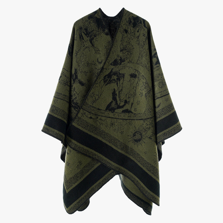 Dam Jacquard capeponcho med double-sided weave structure och V-neck