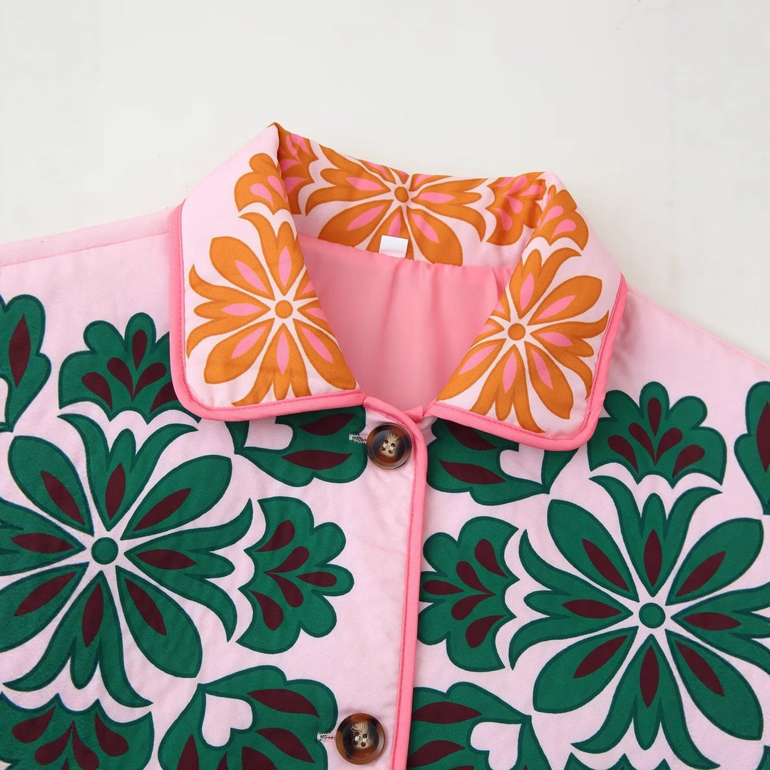 Dam 10+ Quiltad Jacka med Folkloric Blommig Tryck och Patch Fickor