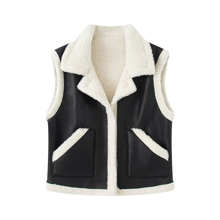 Dam Sleeveless Lambskin Imitation Väst med Slagkrage och Utanpåfickor