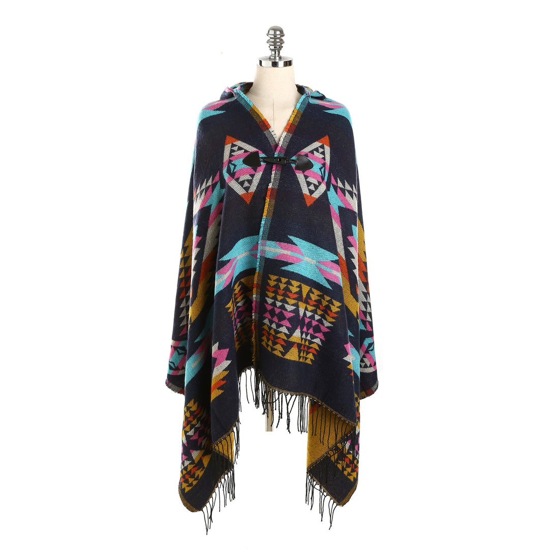 Dam Ethno-Jacquard-poncho med Toggle Closure och fransfåll