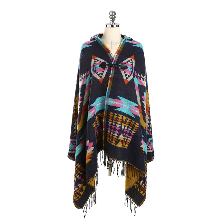 Dam Ethno-Jacquard-poncho med Toggle Closure och fransfåll