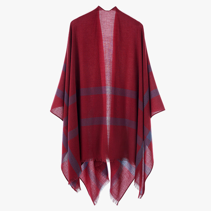 Dam lätt V-Neck poncho tillverkad av fine tyg med diagonal kontrast stripes