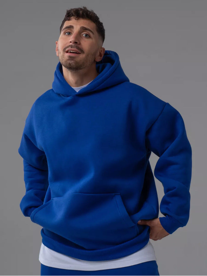 Herr Kraftig Fleece Boxig Luvtröja med Deep Axel Drop Reinforced Huva och Känguruficka