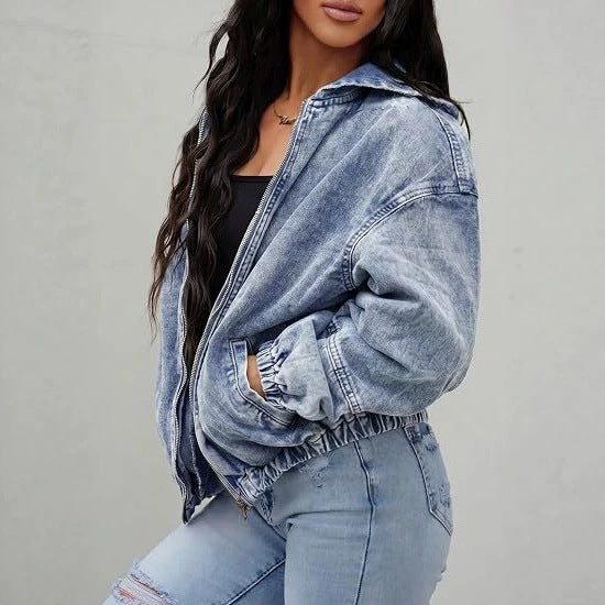 Dam oversize denimjacka med huva, dragkedja och Vintage tvätta