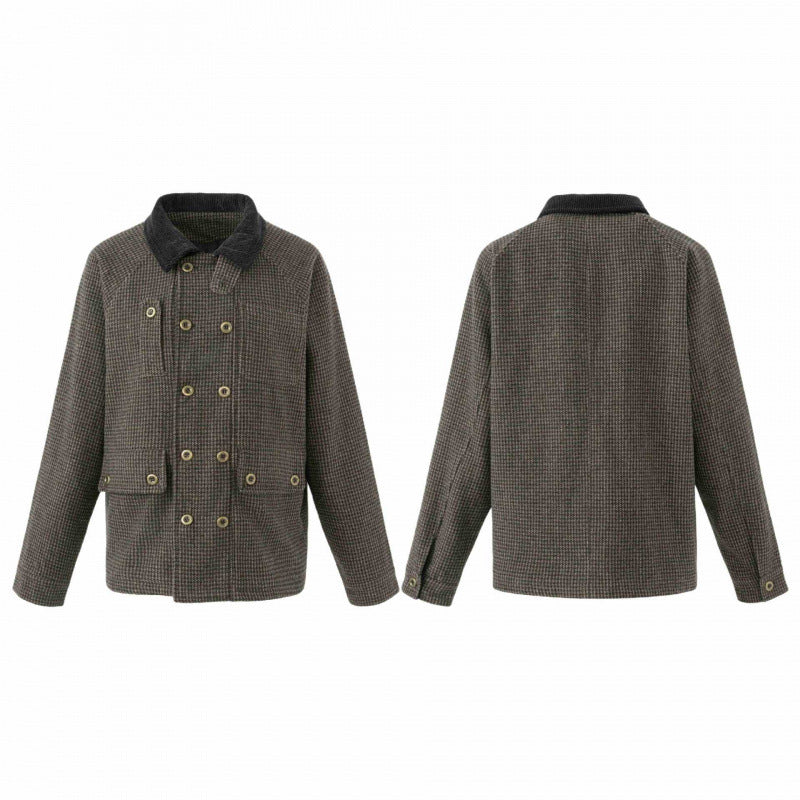 Herr Double-Breasted Ull Mix fältjacka i Houndstooth med Manchester Krage och fickor med lock