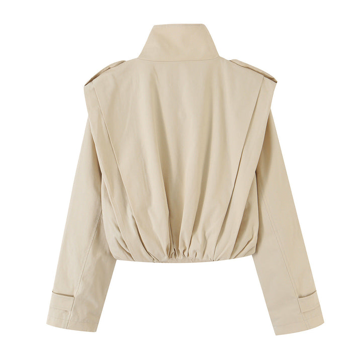 Dam Kort Double-Breasted Trench Jacka med Stå Krage och Tailoring Elastic
