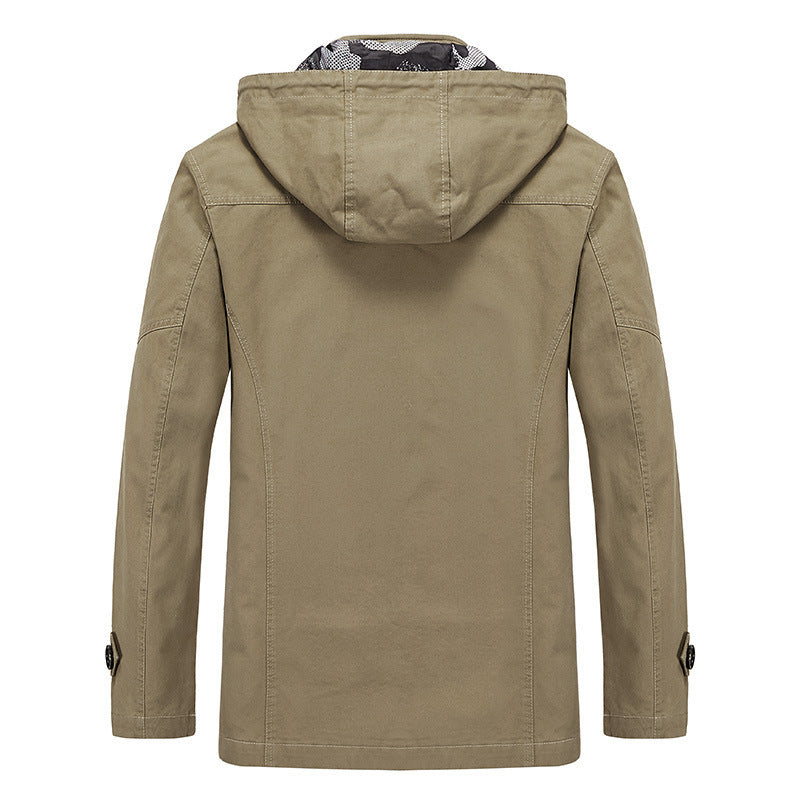 Herr Canvas med Huva Parka med Kamouflage Foder, Utility Fickor, och Hidden Dragkedja Slå