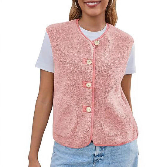 Dam teddy fleece väst med knappslå och sidofickor
