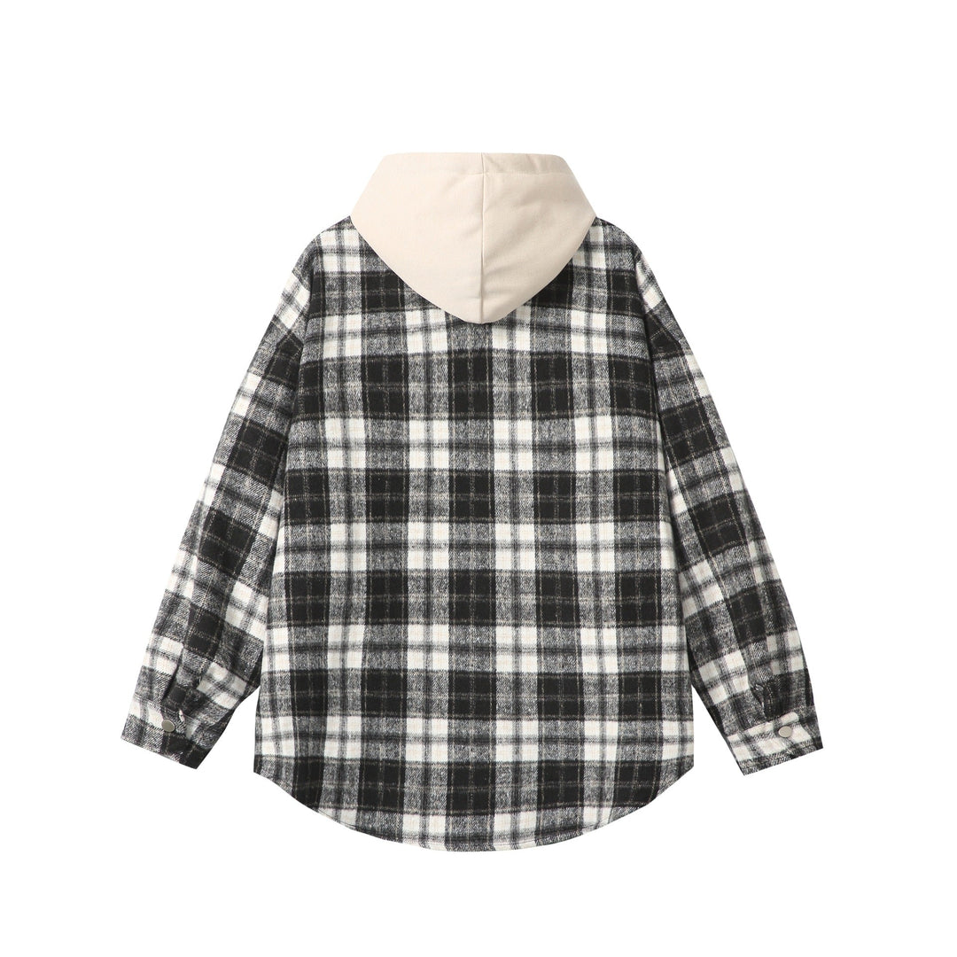 Unisex Oversized Check Skjorta Jacka med Huva, Tryckknapp Knappar och Bröstficka