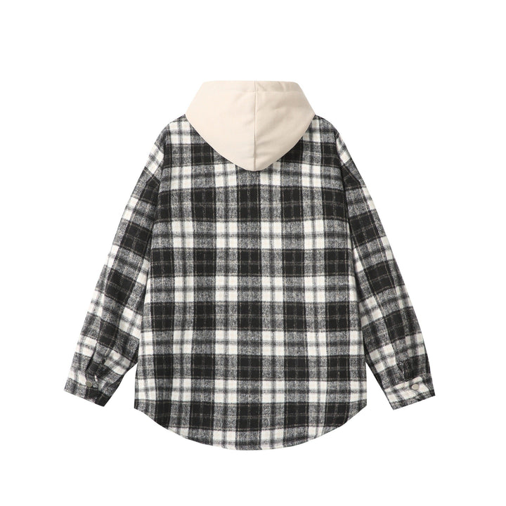 Unisex Oversized Check Skjorta Jacka med Huva, Tryckknapp Knappar och Bröstficka