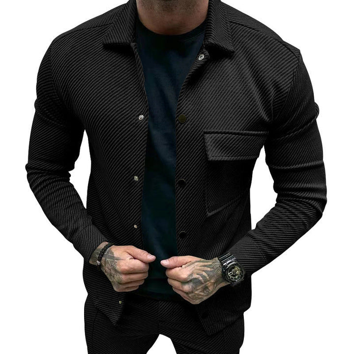 Herr slim ribbad structure overshirt jacka med tryckknapp stängning och bröst lock