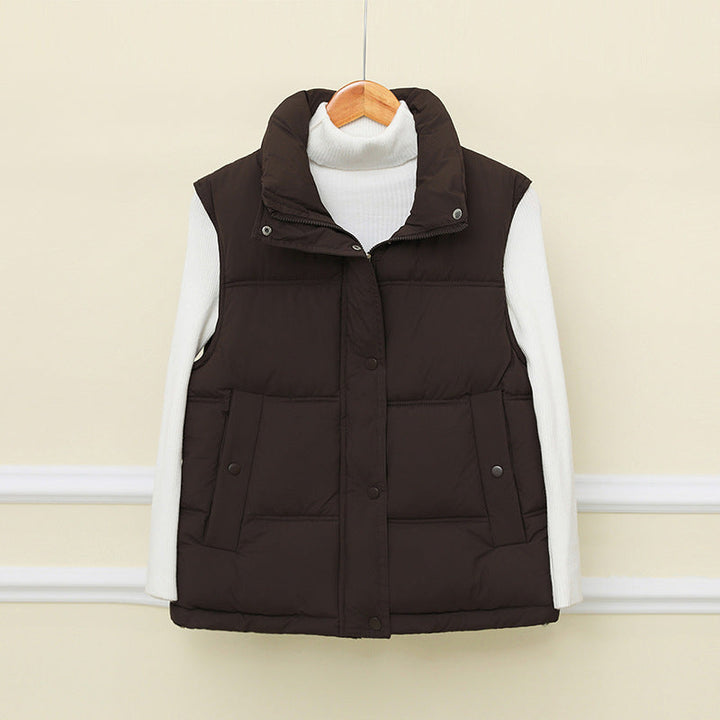 Dam non-vadderad sleeveless thermo quiltad väst med extra high standing krage och concealed snap knäppning
