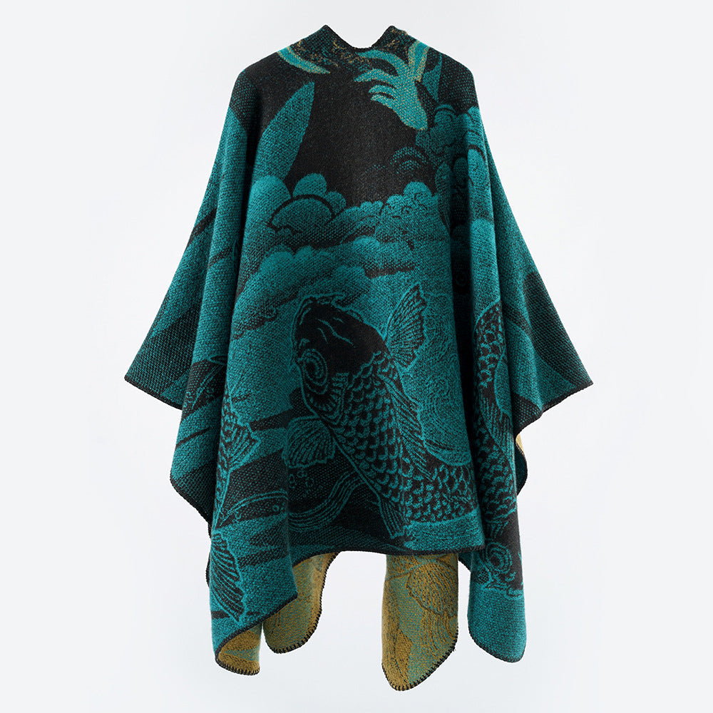 Dam Jacquard poncho med Fish Motif och Open Oversize skärning