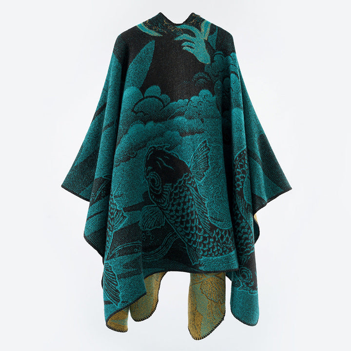 Dam Jacquard poncho med Fish Motif och Open Oversize skärning
