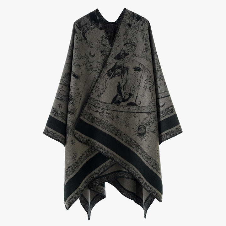 Dam Jacquard capeponcho med double-sided weave structure och V-neck