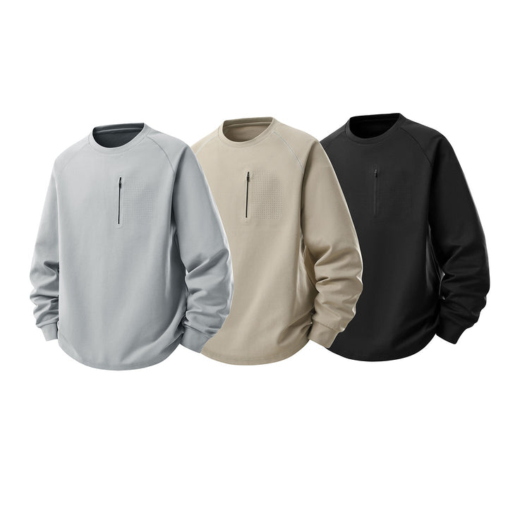 Herr Crew Neck College-Tröja med Bröst Dragkedja, Perforated Utility Lock, och Avslappnad Passform