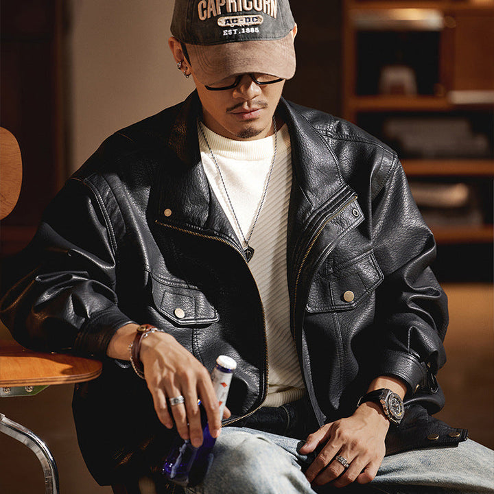 Herr Oversized Konstläder Jacka i Worker Look med Lock Fickor