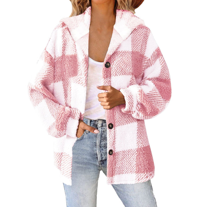 Dam fluffy rutig teddy jacka med huva, button closure och oversized passform