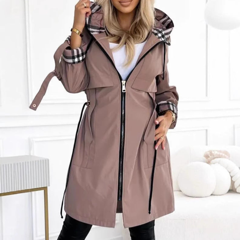 Dam figursydd regn parka med huva rutig lined inner krage och drawstring