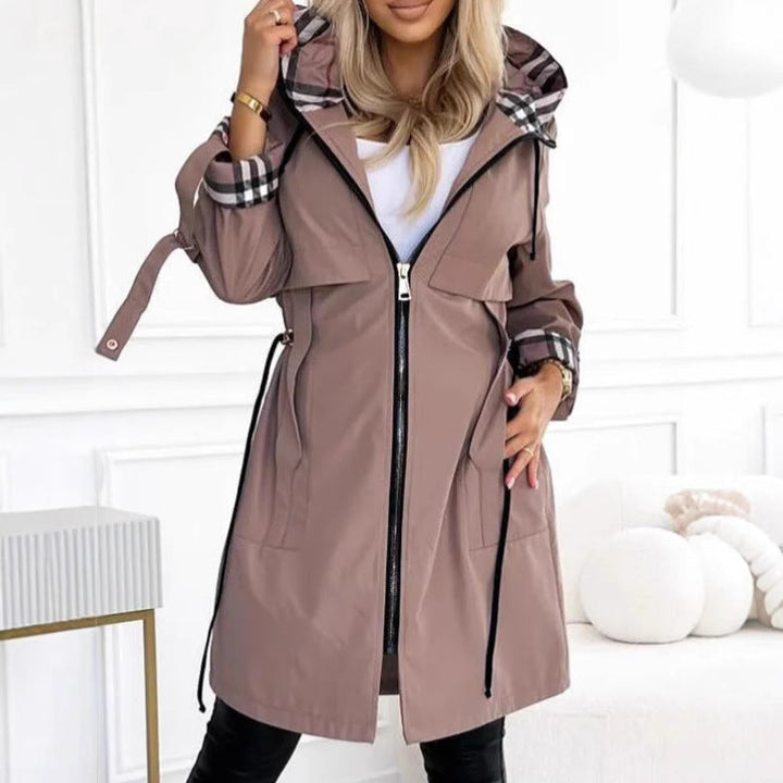Dam figursydd regn parka med huva rutig lined inner krage och drawstring