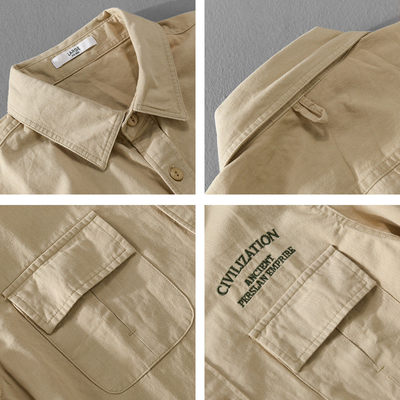 Herr Military-Inspired Överskjorta med Dubbel Bröstfickor och Subtil Embroidery