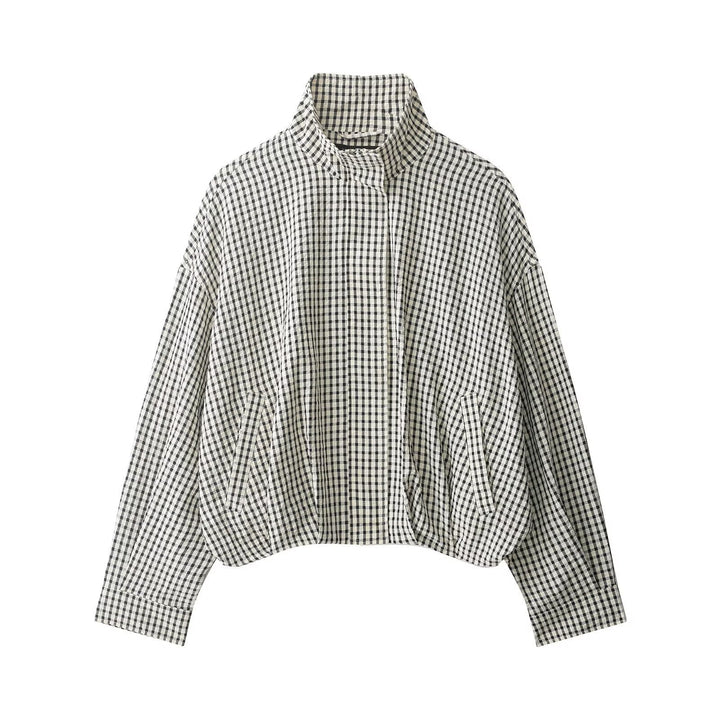Dam Checked kort Boxy Blouson med Stand krage och sidofickor