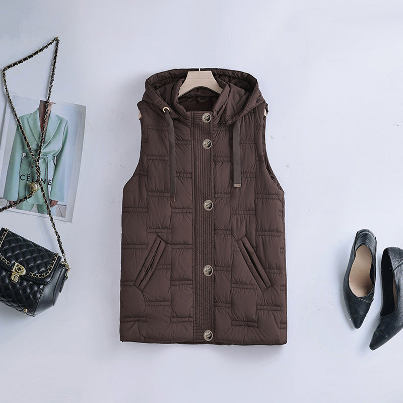 Dam quiltad hooded väst med button-front och slip fickor