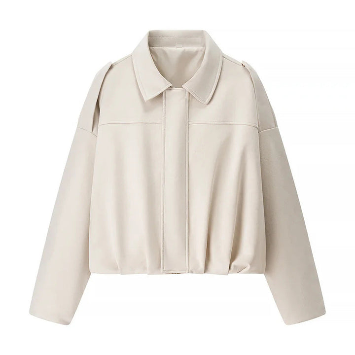 Dam cropped boxy blouse jacka med skjortkrage, concealed front placket, och elastisk fåll