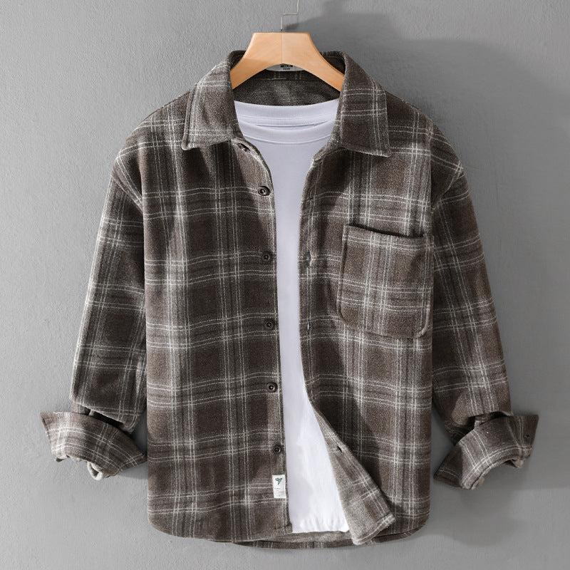 Herr Rutig Flanell Overshirt med Bröstficka och Avslappnad Passform