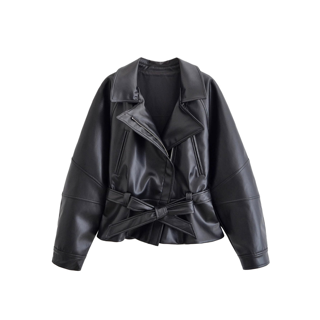 Dam 50+ Kort Tailored Faux Läder Blouse med Tie Belt och Dropped Shoulders