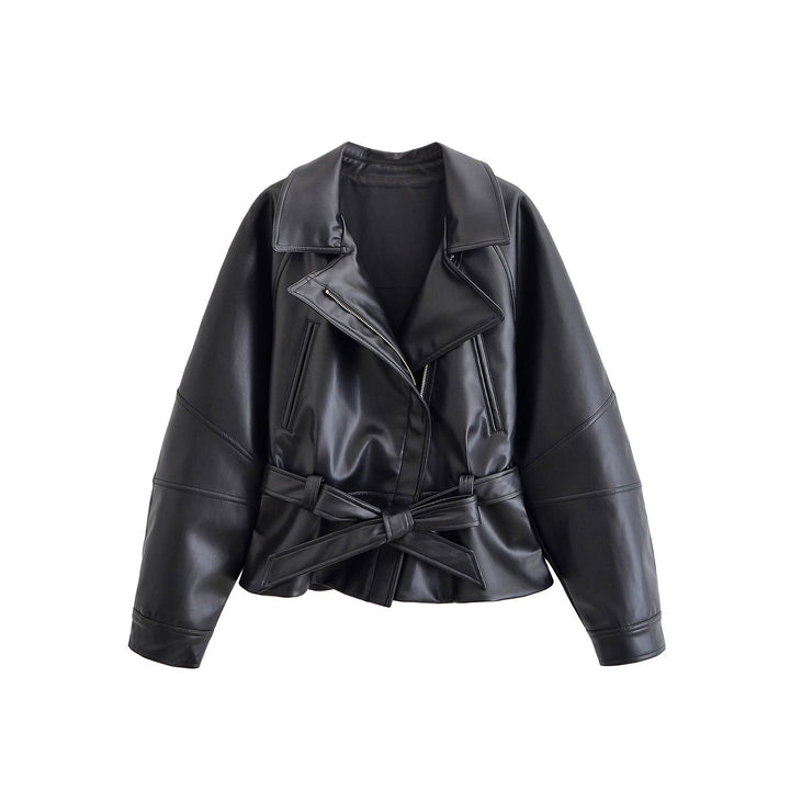 Dam 50+ Kort Tailored Faux Läder Blouse med Tie Belt och Dropped Shoulders