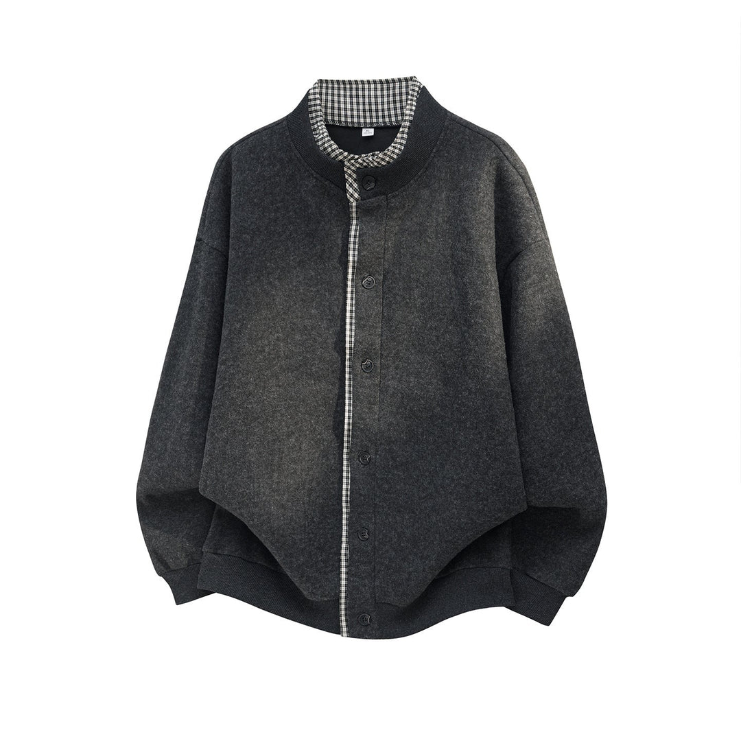 Unisex Oversize Ull Blend Kofta Jacka med Check Kant och Stå Krage