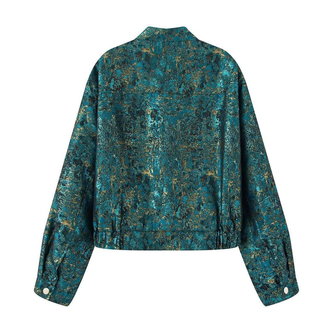Dam cropped boxy jacka med ståkrage, snap knäppning och patched breast flaps