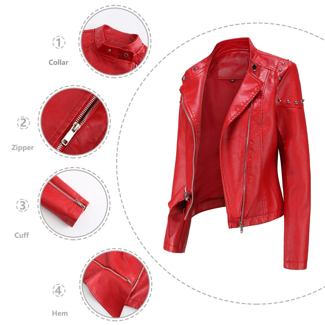 Dam asymmetric konstläder bikerjacka med stud application och figursydd peplum
