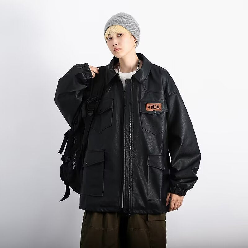 Unisex oversize Utility konstläder jacka med Multiple Flap fickor