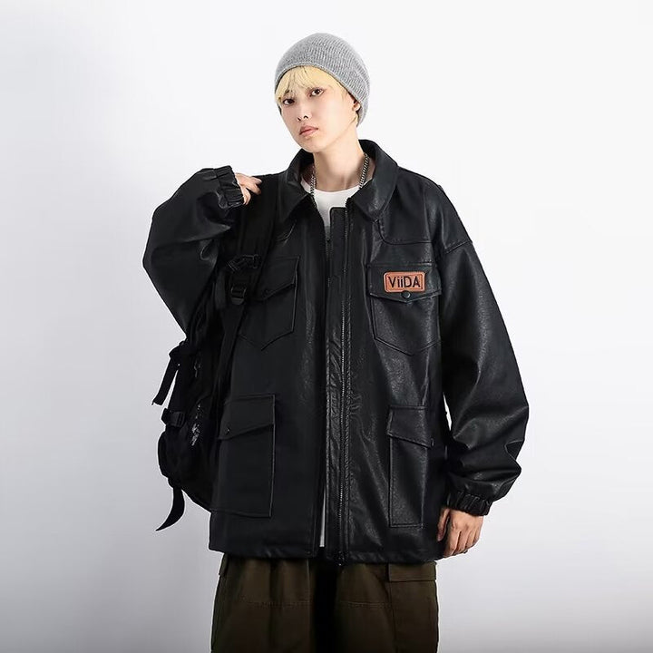 Unisex oversize Utility konstläder jacka med Multiple Flap fickor
