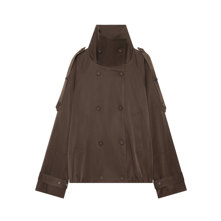 Dam double-breasted cape trenchcoat med high stand krage och adjustable ärm tabs