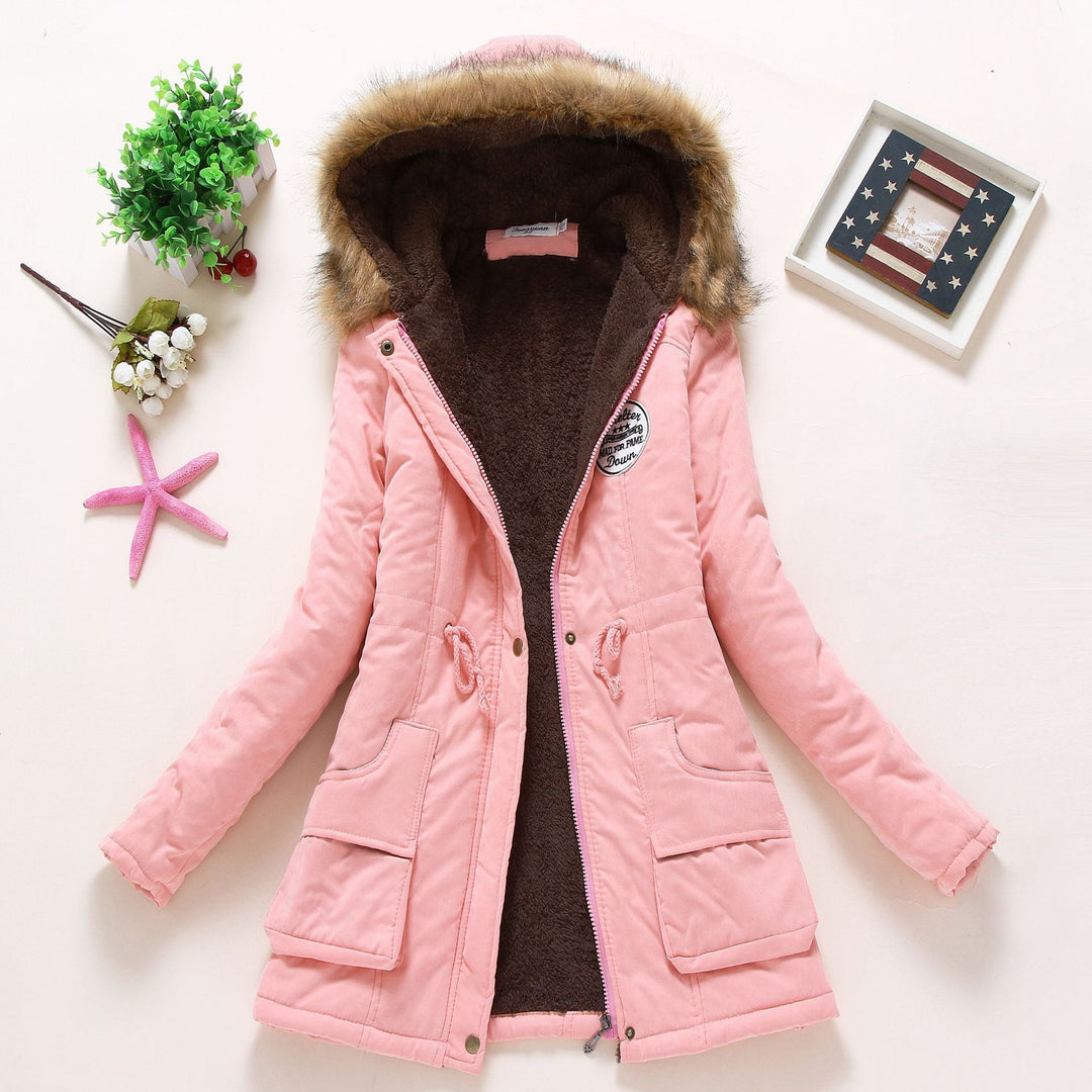 Dam high-värmande vinter parka med teddy foder, drawstring och faux fur kant
