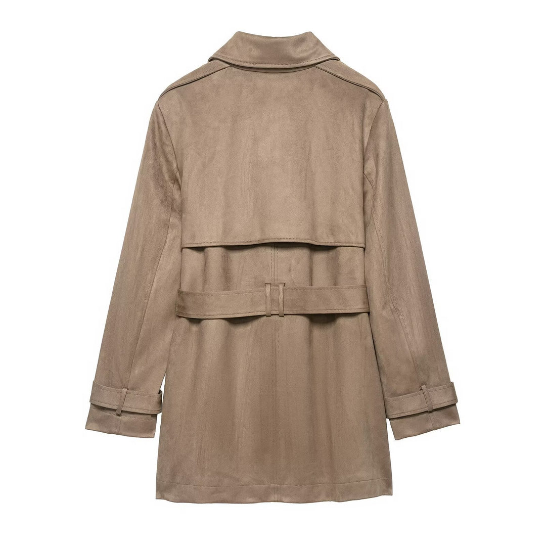 Dam Dubbel Breasted Mocka Effect Trenchcoat med Midjebälte