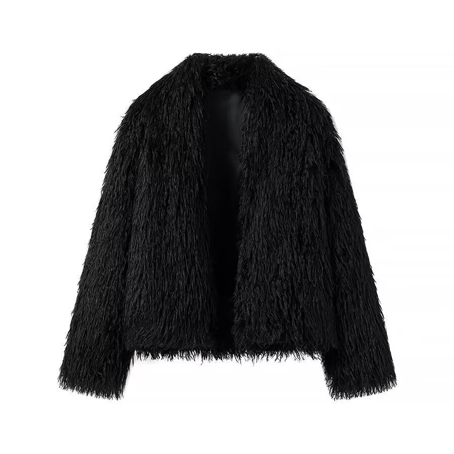 Dam kort Plush Faux Fur jacka med Voluminous Texture