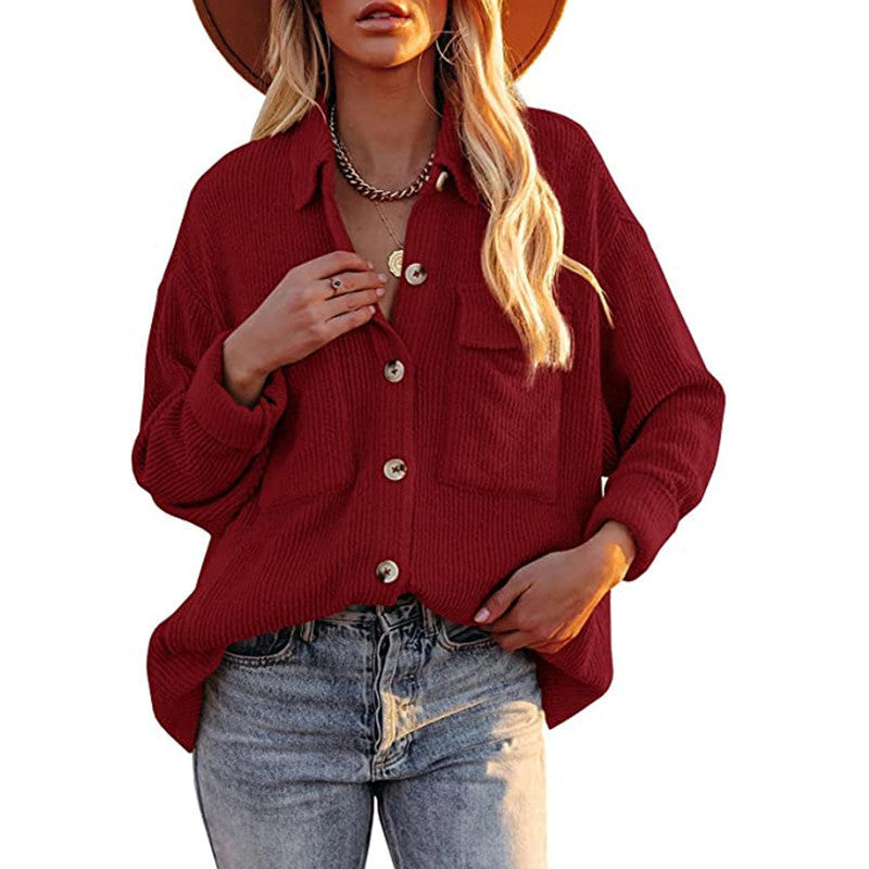 Dam oversized Fine stickad Shirt jacka med knäppning och Brusttaschen