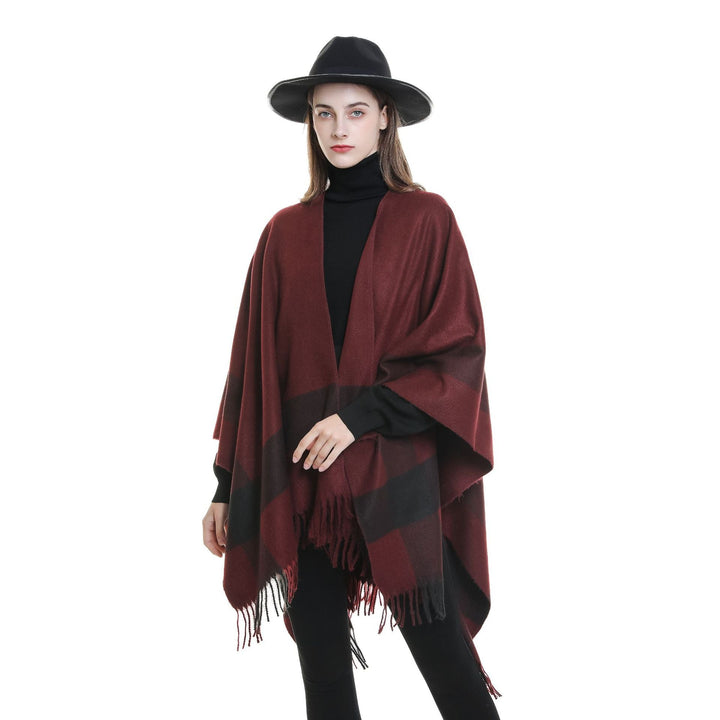 Dam ullblandning axel poncho med fringed fåll och kontrasterande block stripes