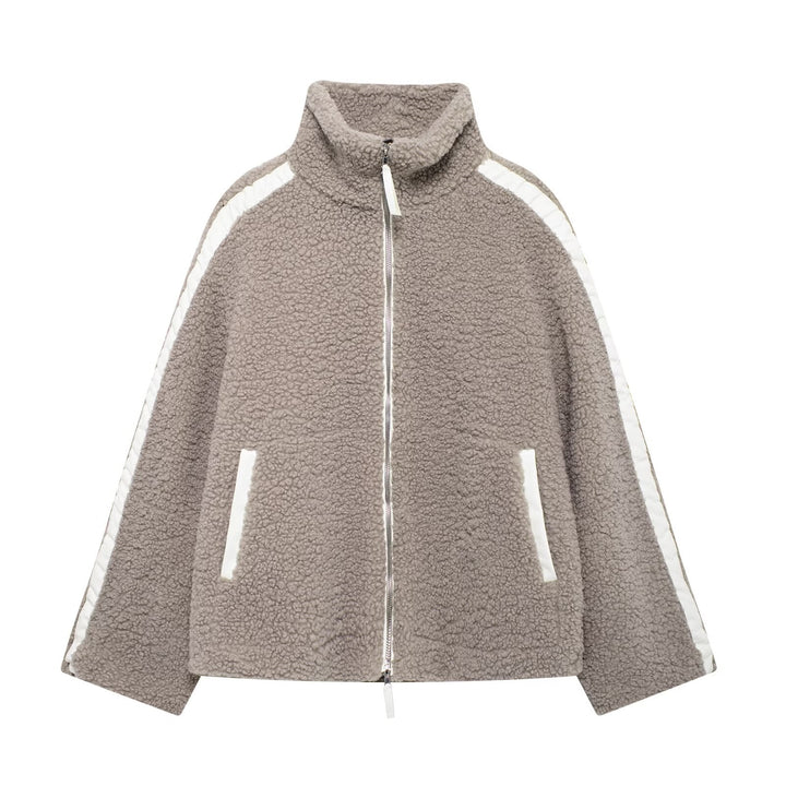 Dam Teddyfleecejacka med Stå Krage och Läder-Look Details